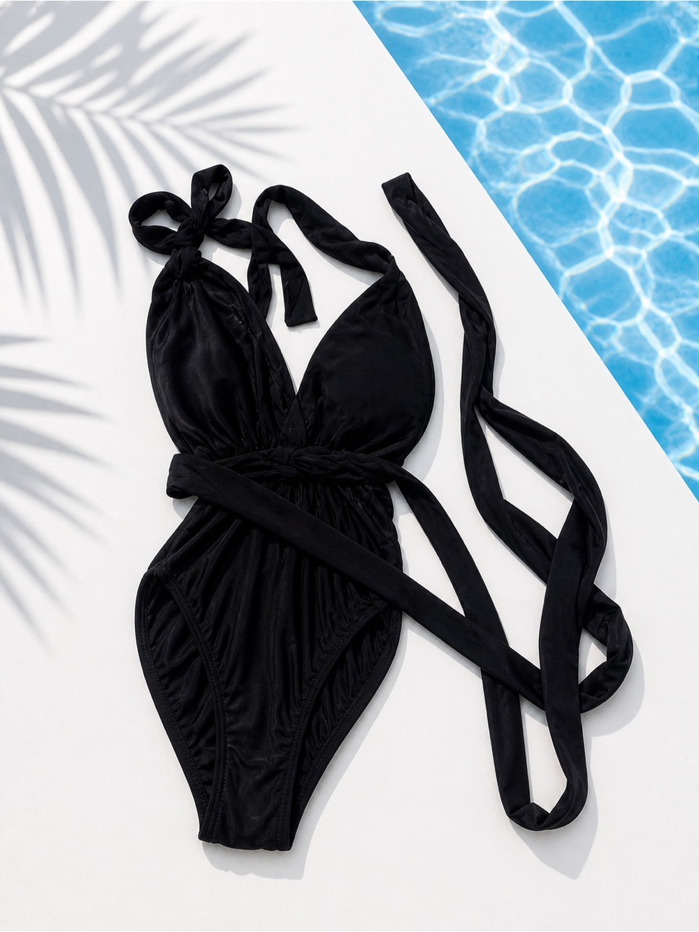 Sleek Black Halter One-Piece Swimsuit with Wrap Waist
